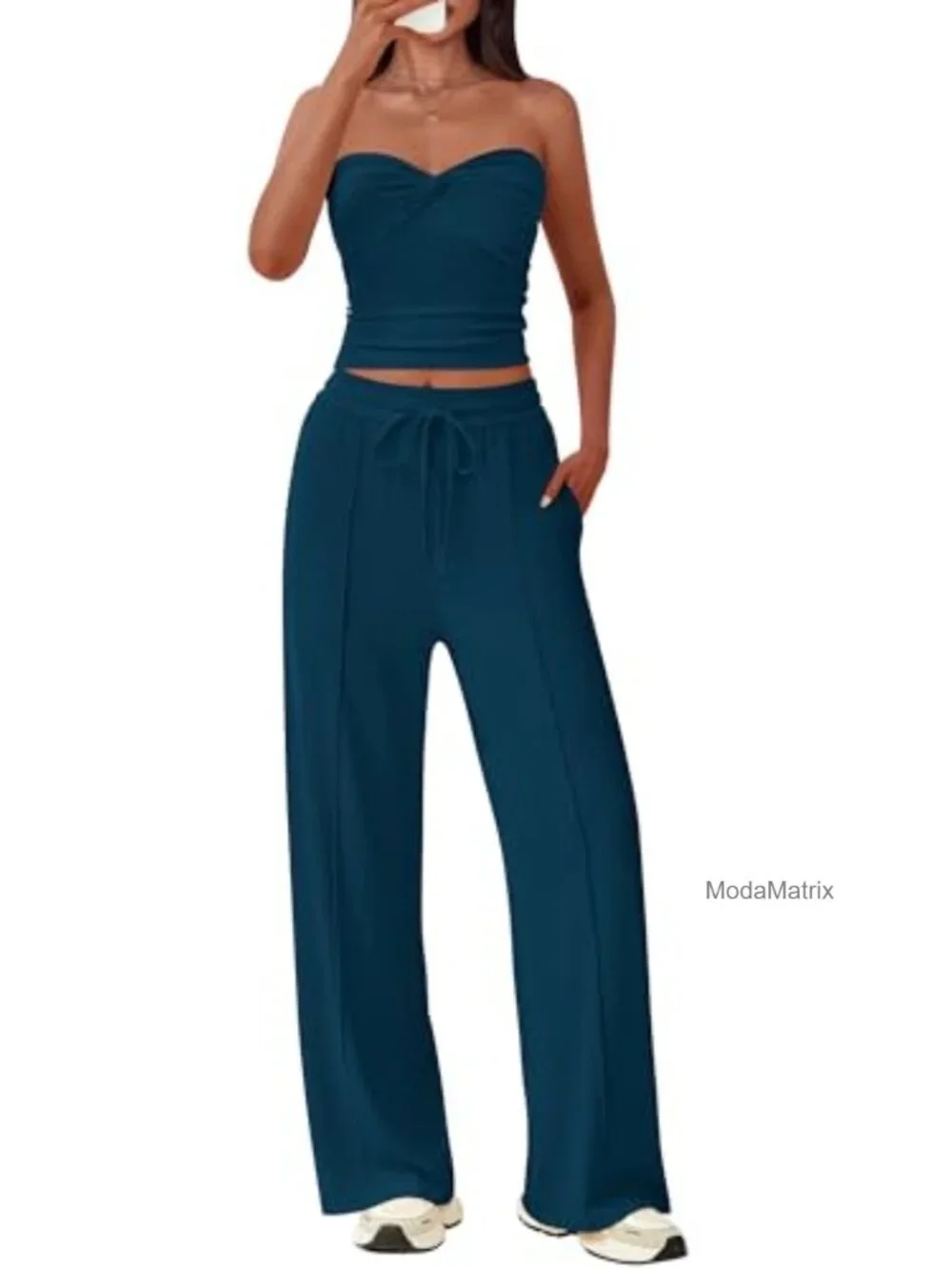 Strapless Ribbed Knit Wide Leg Lounge Set